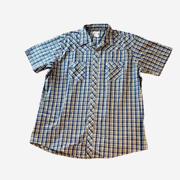Wrangler Wrancher Pearl Snap Short Sleeve Blue Plaid Shirt Mens Size 2XT - Picture 1 of 11